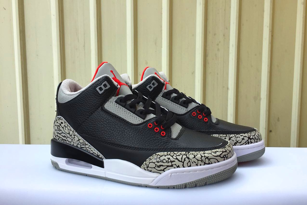 New Air Jordan 3 Retro Black Cement Red Swoosh Shoes